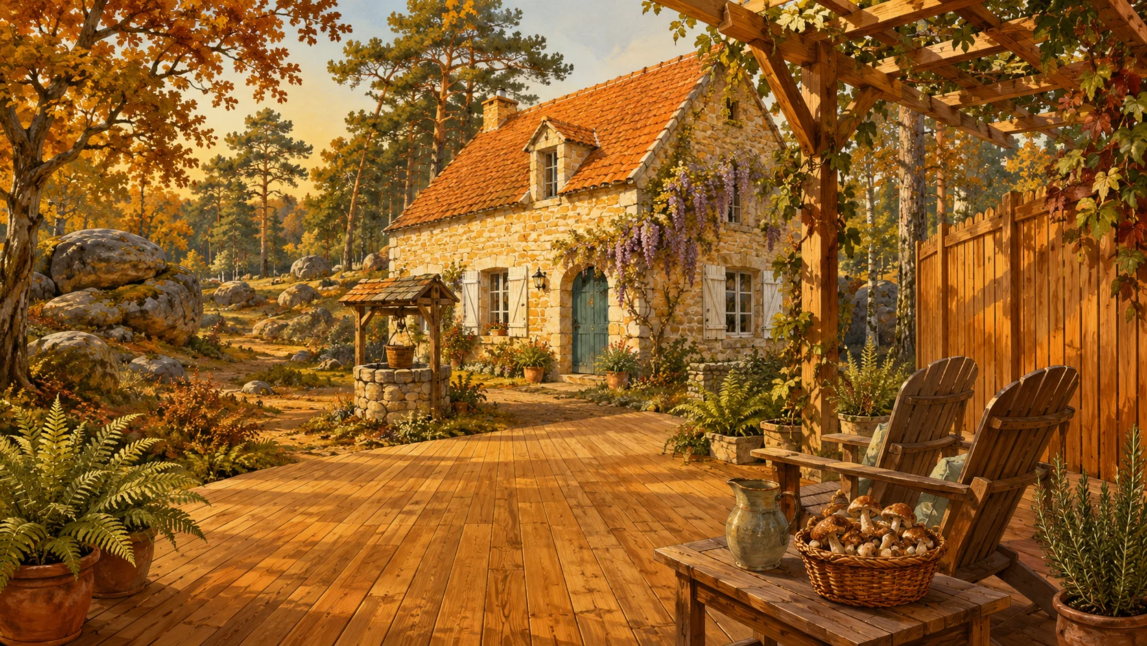 Illustration paysagère du dépôt avec terrasse en bois et clôture